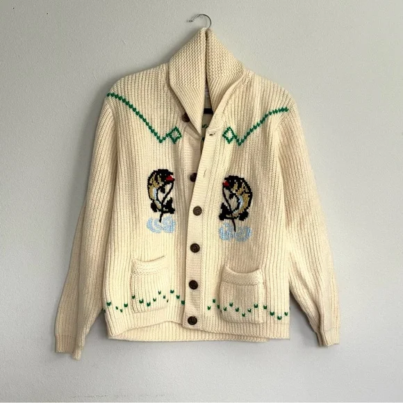 1960’s Tundra Virgin Wool Knit Cardigan fish cozy cabin aesthetic - Picture 1 of 9